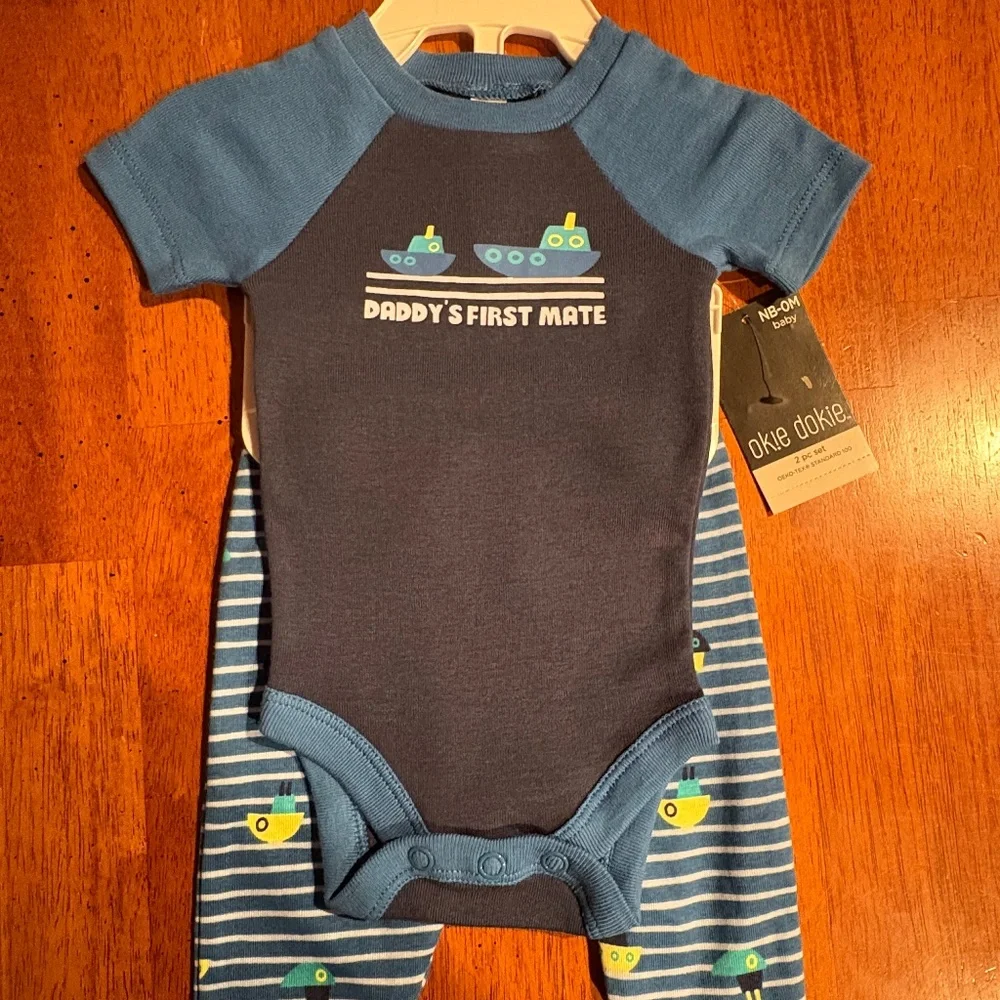 Okie Dokie Newborn 2 Piece Boys Onesie Bodysuit and Pants Nautical Cotton NEW